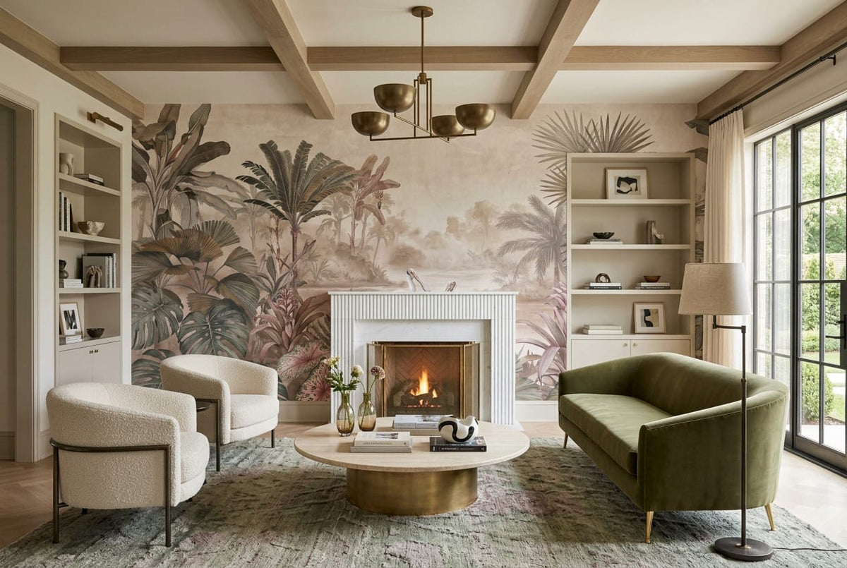 Blush Spoonbill Tropical Lake Jungle Wallpaper Mural in blush