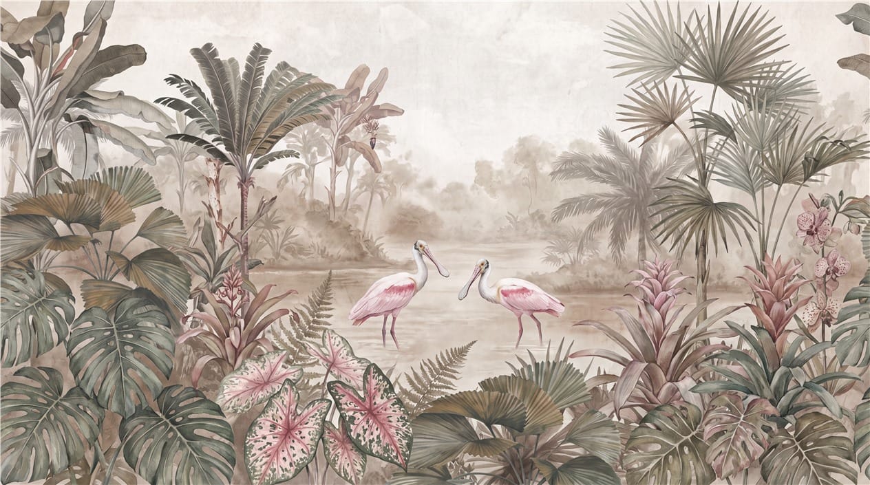 Blush Spoonbill Tropical Lake Jungle Wallpaper Mural