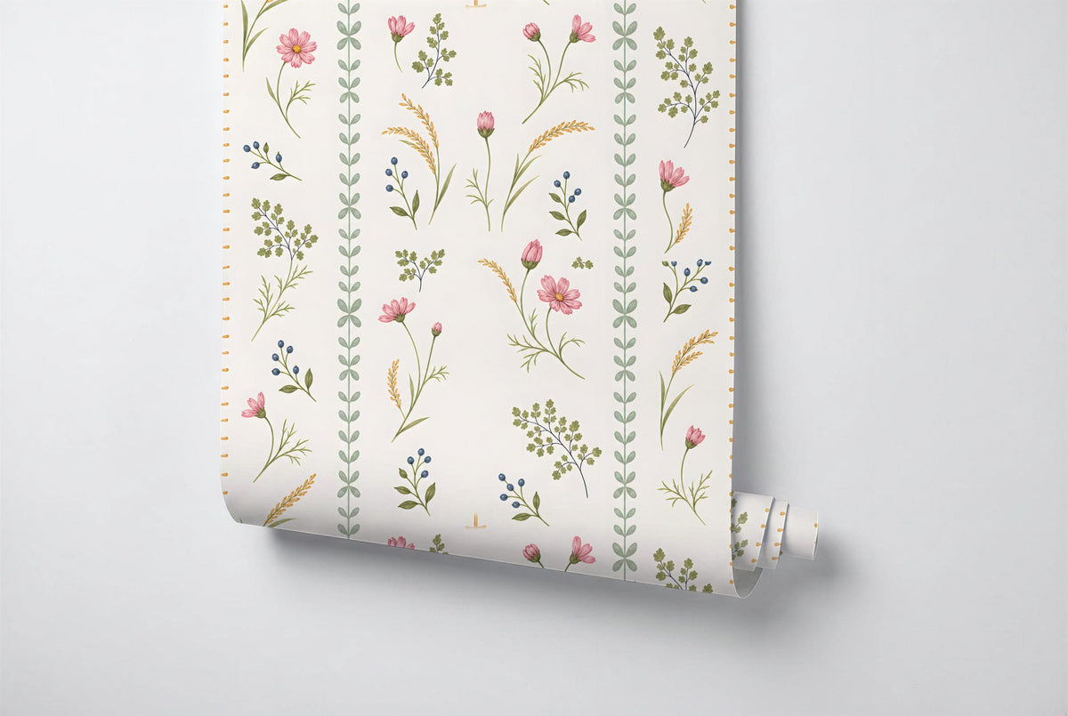 Blush Wildflower Botanical Stripe Wallpaper Mural