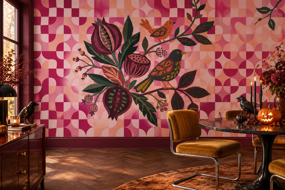 botanical pink birds custom stick on wallpaper mural dining removable non woven vinyl