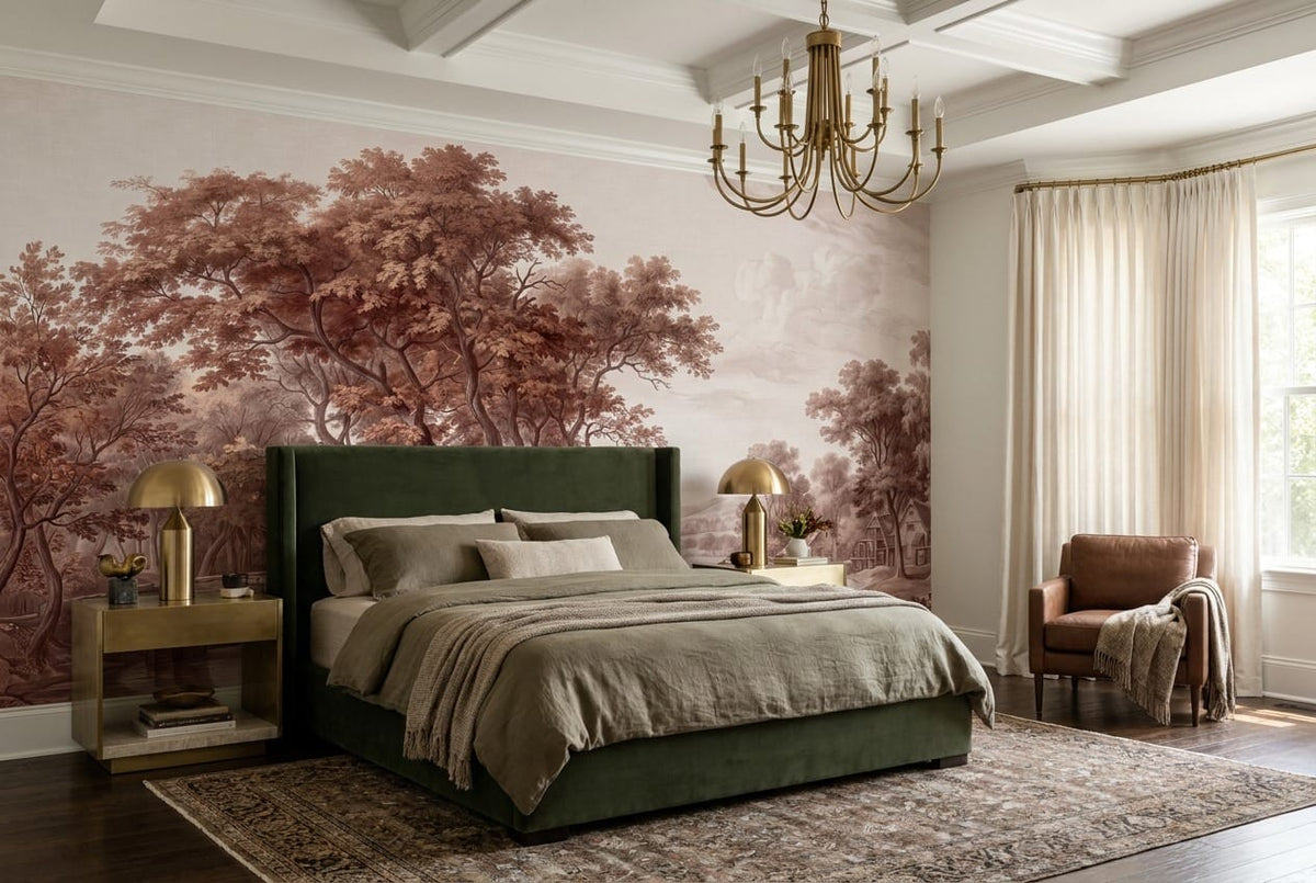 Sepia Country Bridge Autumn Forest Wallpaper Mural in brown
