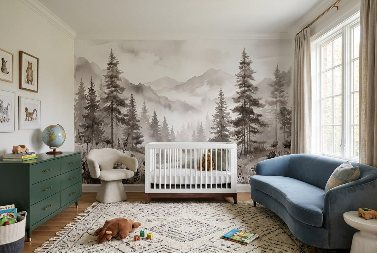Misty Brown Watercolor Nordic Pine Tree Wallpaper Mural in brown