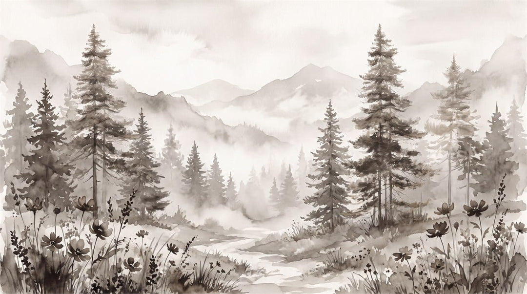 Misty Brown Watercolor Nordic Pine Tree Wallpaper Mural in brown