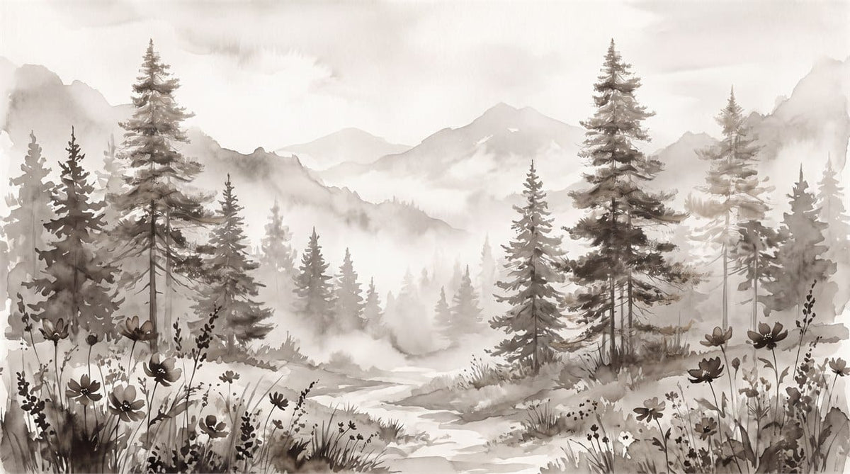Misty Brown Watercolor Nordic Pine Tree Wallpaper Mural in brown