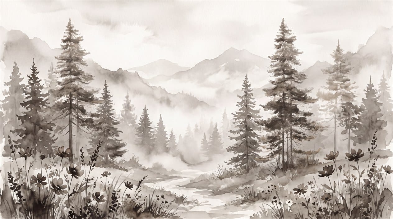 Misty Brown Watercolor Nordic Pine Tree Wallpaper Mural