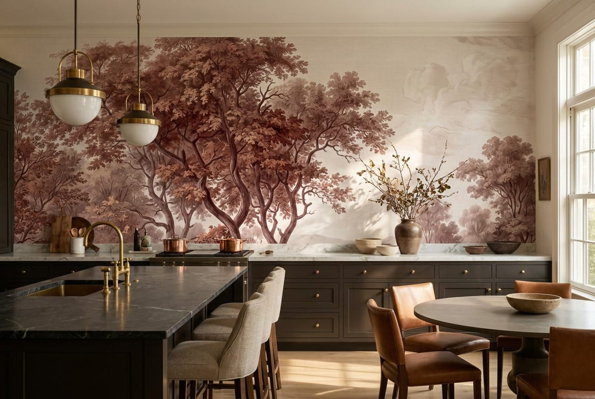 Sepia Country Bridge Autumn Forest Wallpaper Mural in brown