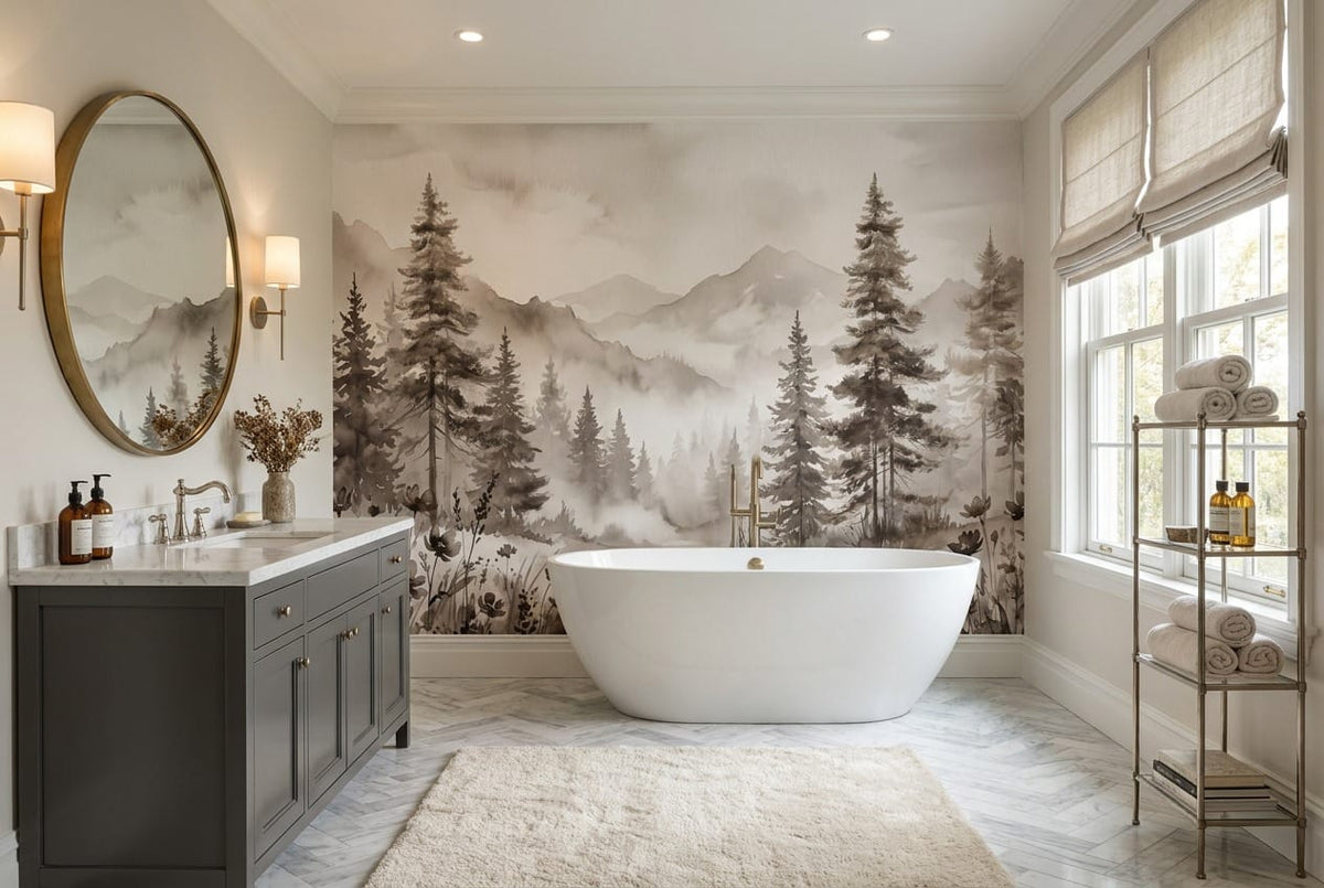 Misty Brown Watercolor Nordic Pine Tree Wallpaper Mural in brown