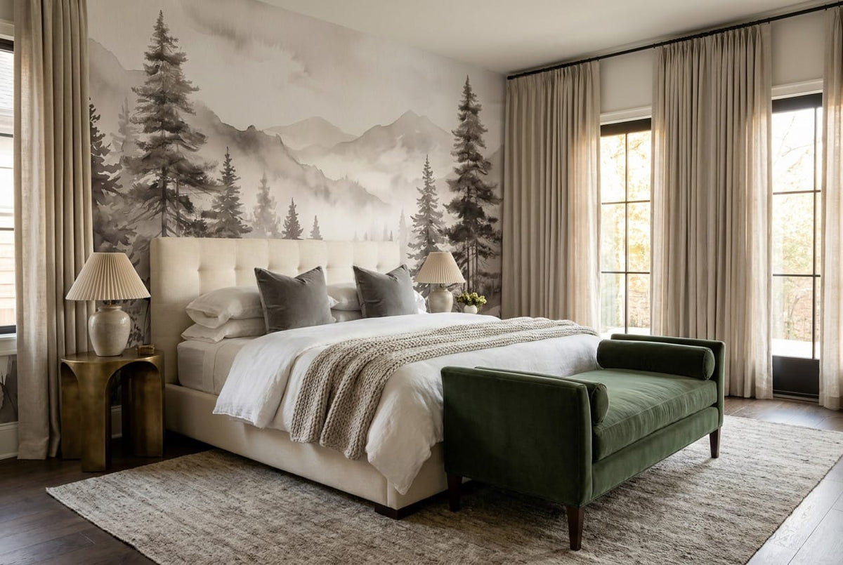 Misty Brown Watercolor Nordic Pine Tree Wallpaper Mural in brown