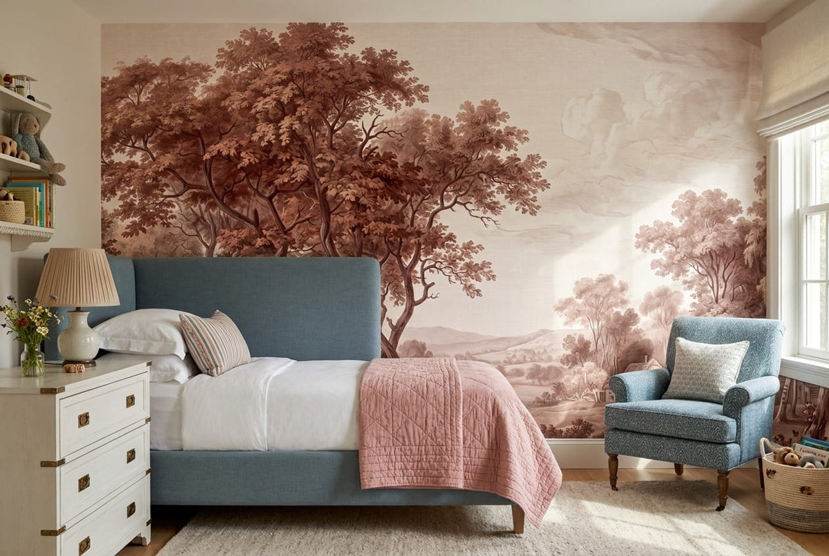 Sepia Country Bridge Autumn Forest Wallpaper Mural in brown