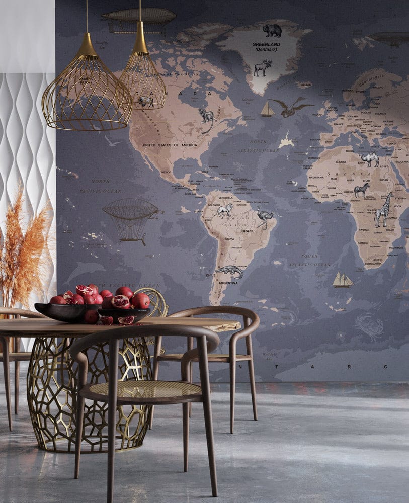 Vintage World Map Mural Wallpaper, grey wall, modern dining chairs, pendant lights, concrete flooring.