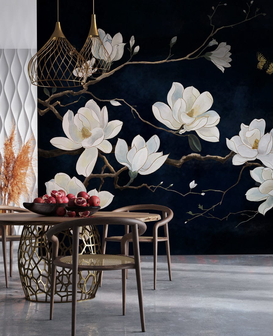 Elegant white magnolia mural on midnight blue wall, modern dining furniture, industrial flooring.