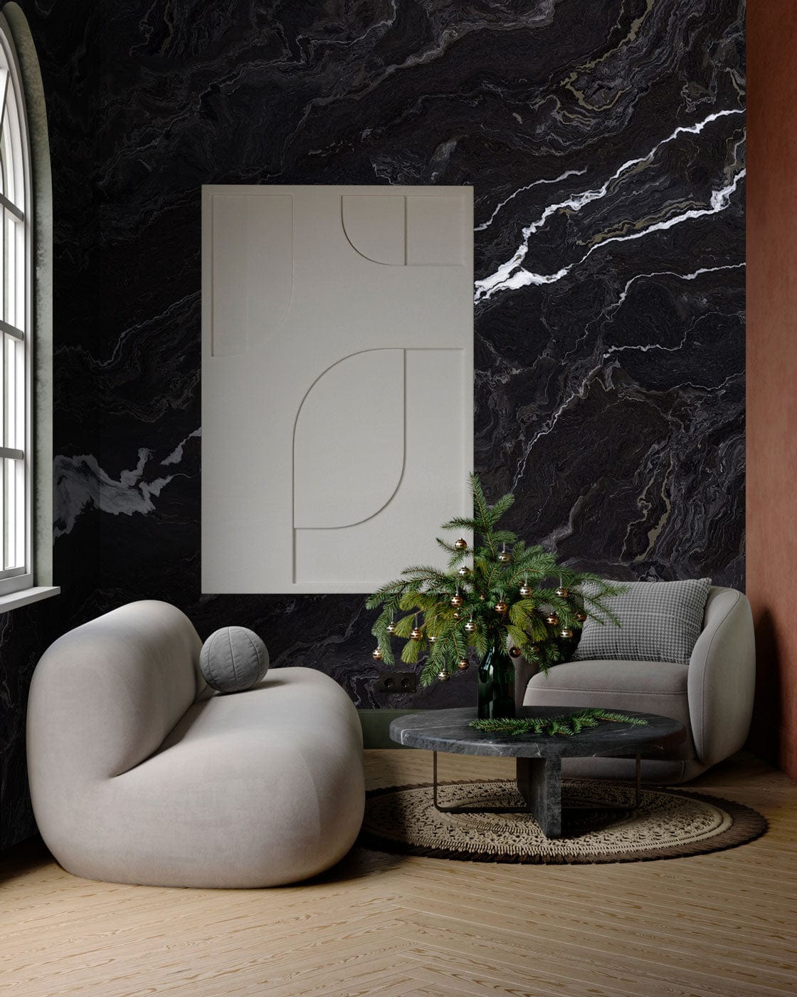 Elegant black marble effect wallpaper with dramatic white veins, beige sofa, parquet flooring, contemporary room.