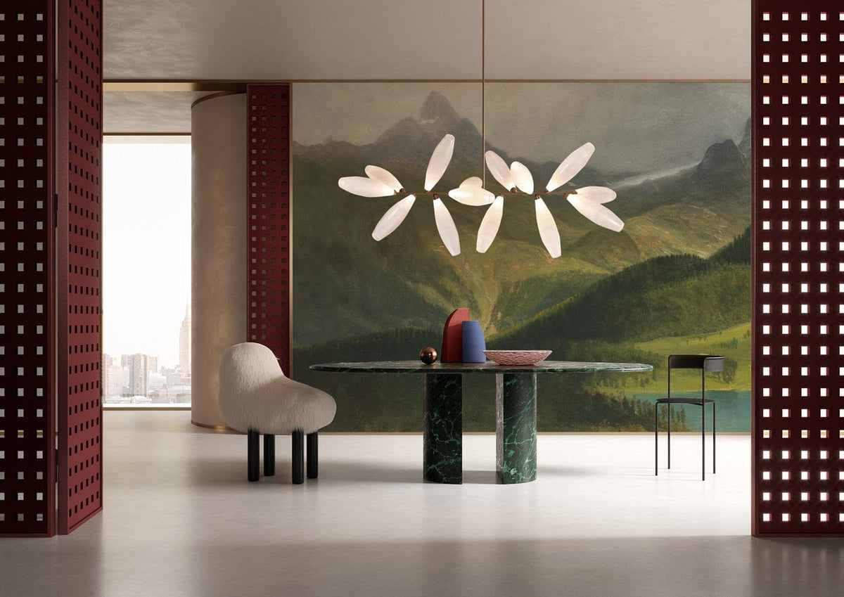 Serene Mountain Landscape mural in modern dining room with green marble table, ambient lighting, white chair.