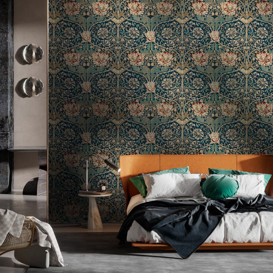 Elegant vintage floral wallpaper in teal tones, modern room, orange sofa, grey flooring, stylish decor.