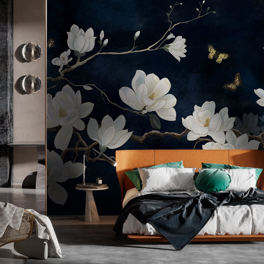 Elegant magnolia wallpaper in midnight blue with stylish bed and modern decor in contemporary bedroom.