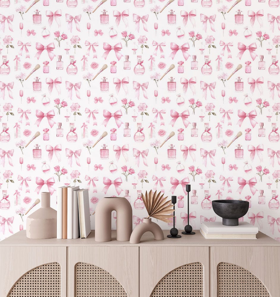 Pink floral pattern wallpaper in chic vintage style, enhancing elegant wood cabinet and black bowl Décor.