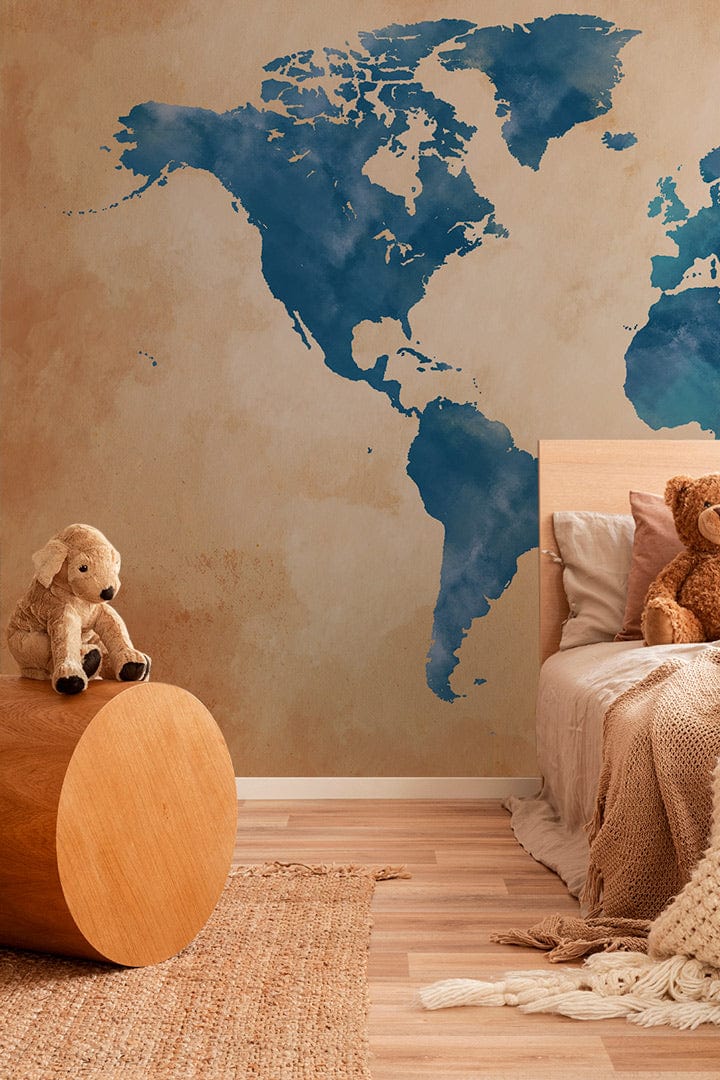 Vintage Blue Watercolour World Map Mural Wallpaper - Rustic Earth Tones