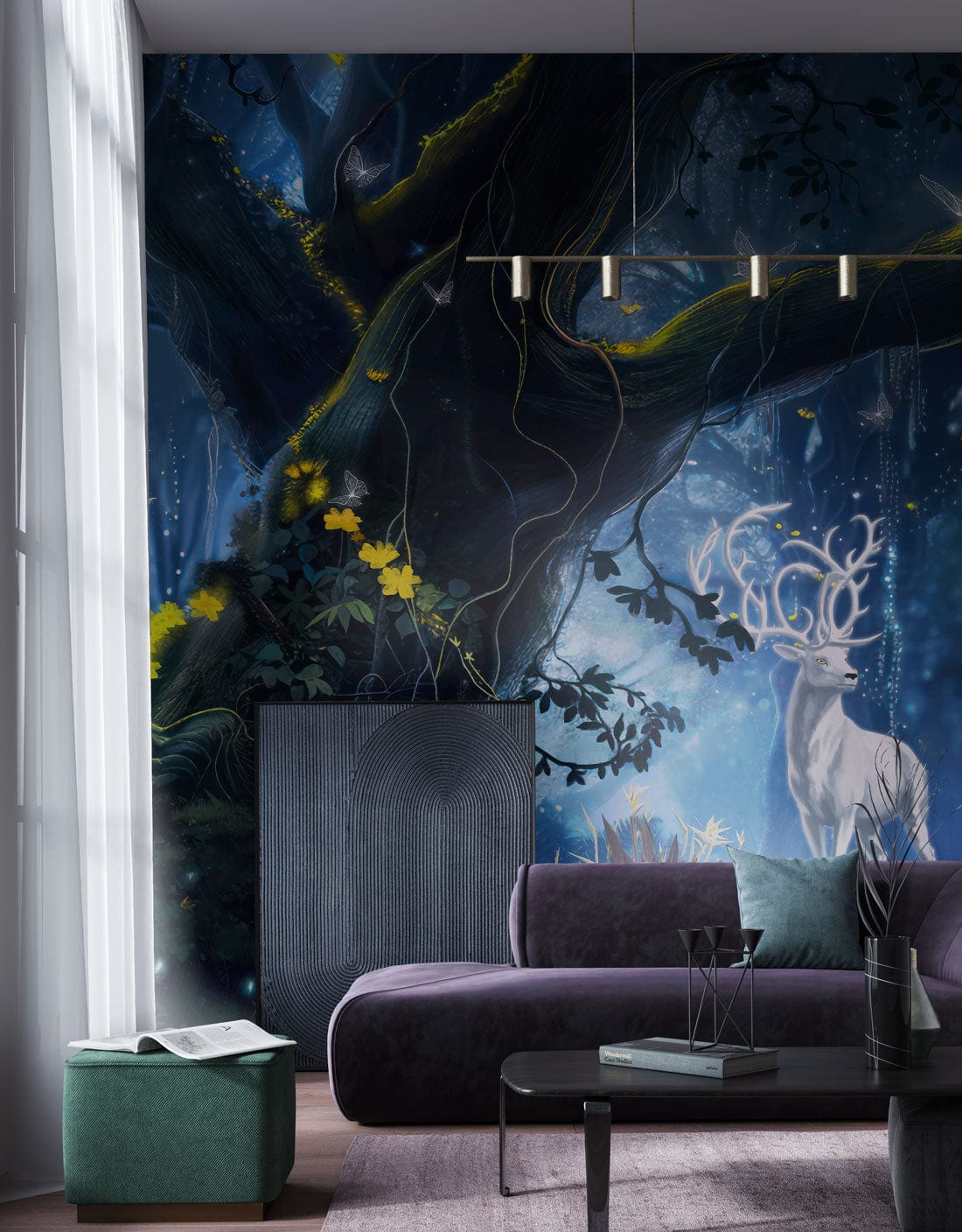 Stylish living room with Mystical Enchanted Forest Stag Wallpaper, featuring plush purple sofa, elegant lighting.