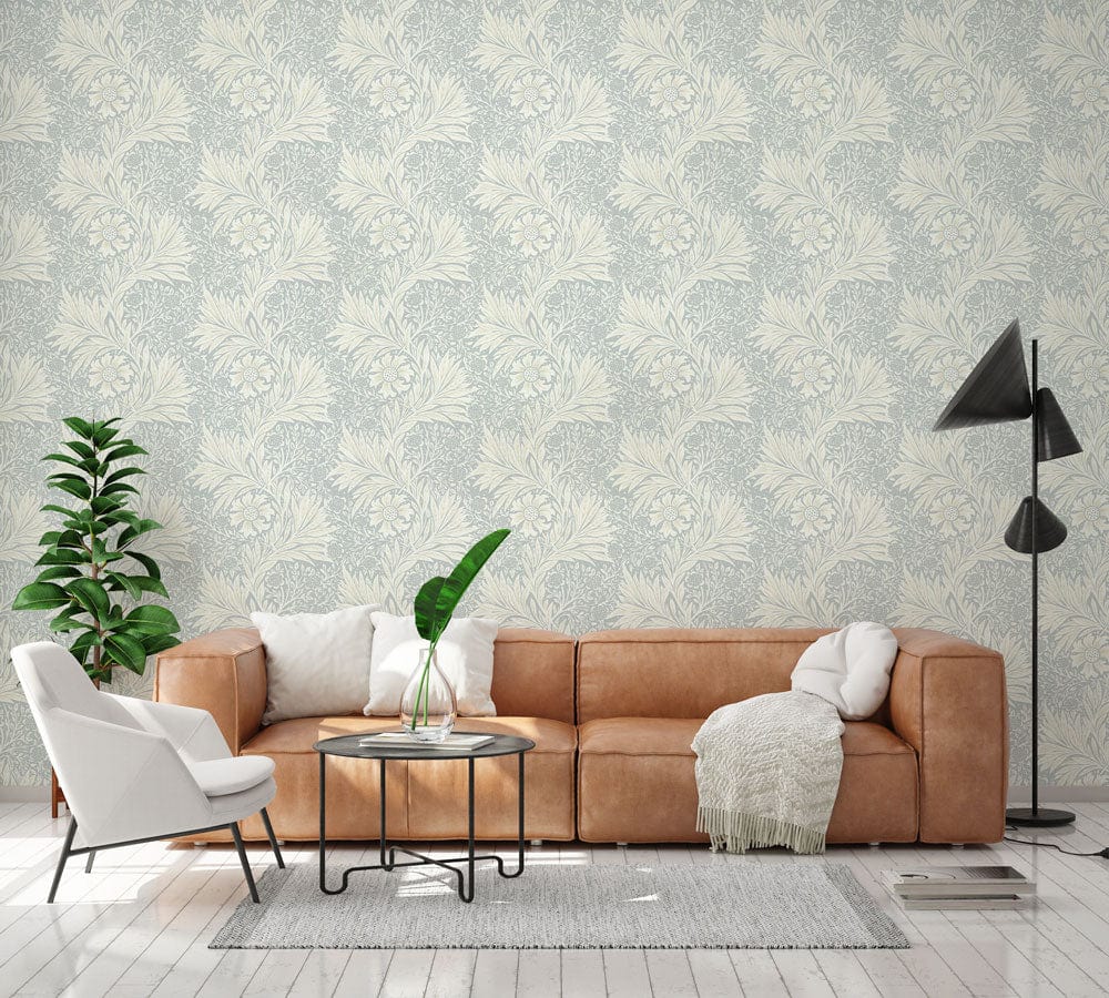 Elegant Vintage Floral Sage Green Wallpaper; tan sofa, modern floor lamp, white chair, stylish rug.
