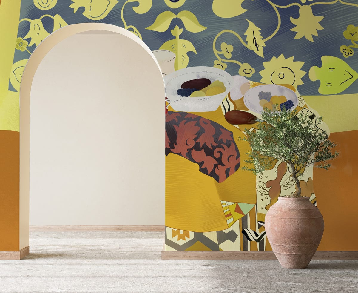 Contemporary abstract mural wallpaper with bold colours, arched doorway, terracotta plant pot, wooden flooring.