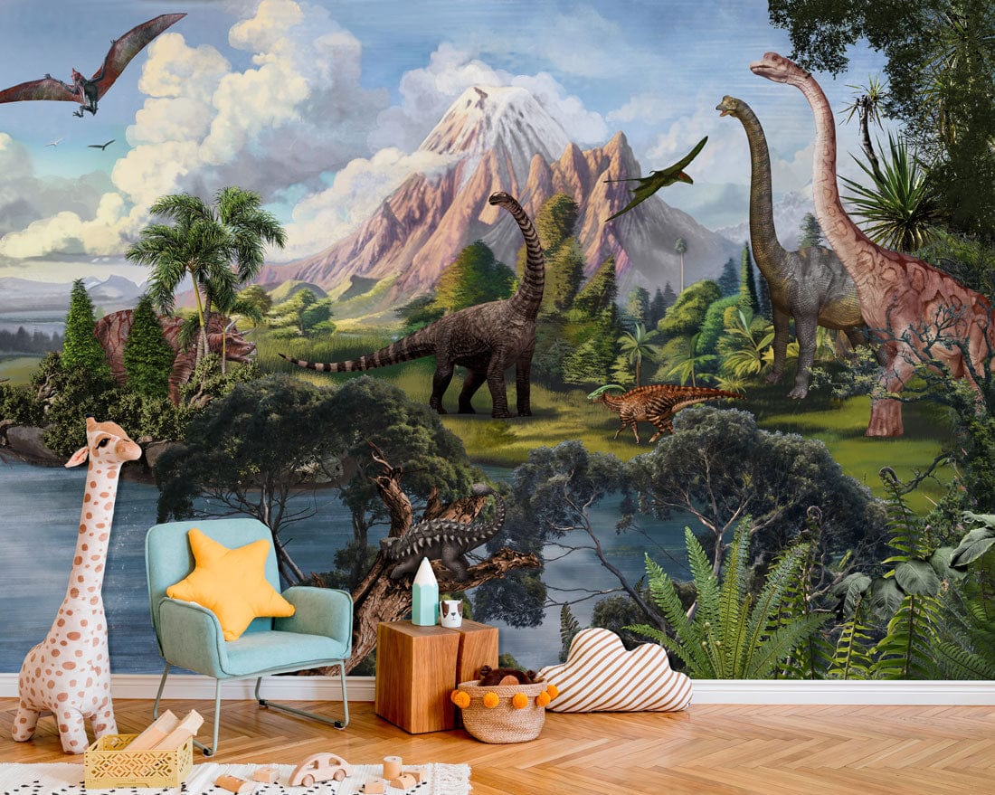 Colourful dinosaur mural wallpaper, vibrant playroom, blue sofa, wooden flooring, star cushion, giraffe toy.