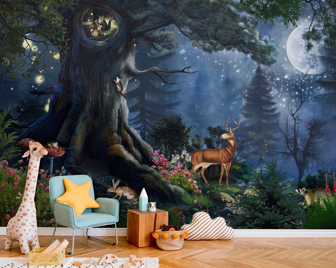 Mystical night mural with forest creatures, pastel rocking chair, and parquet flooring in children's room.