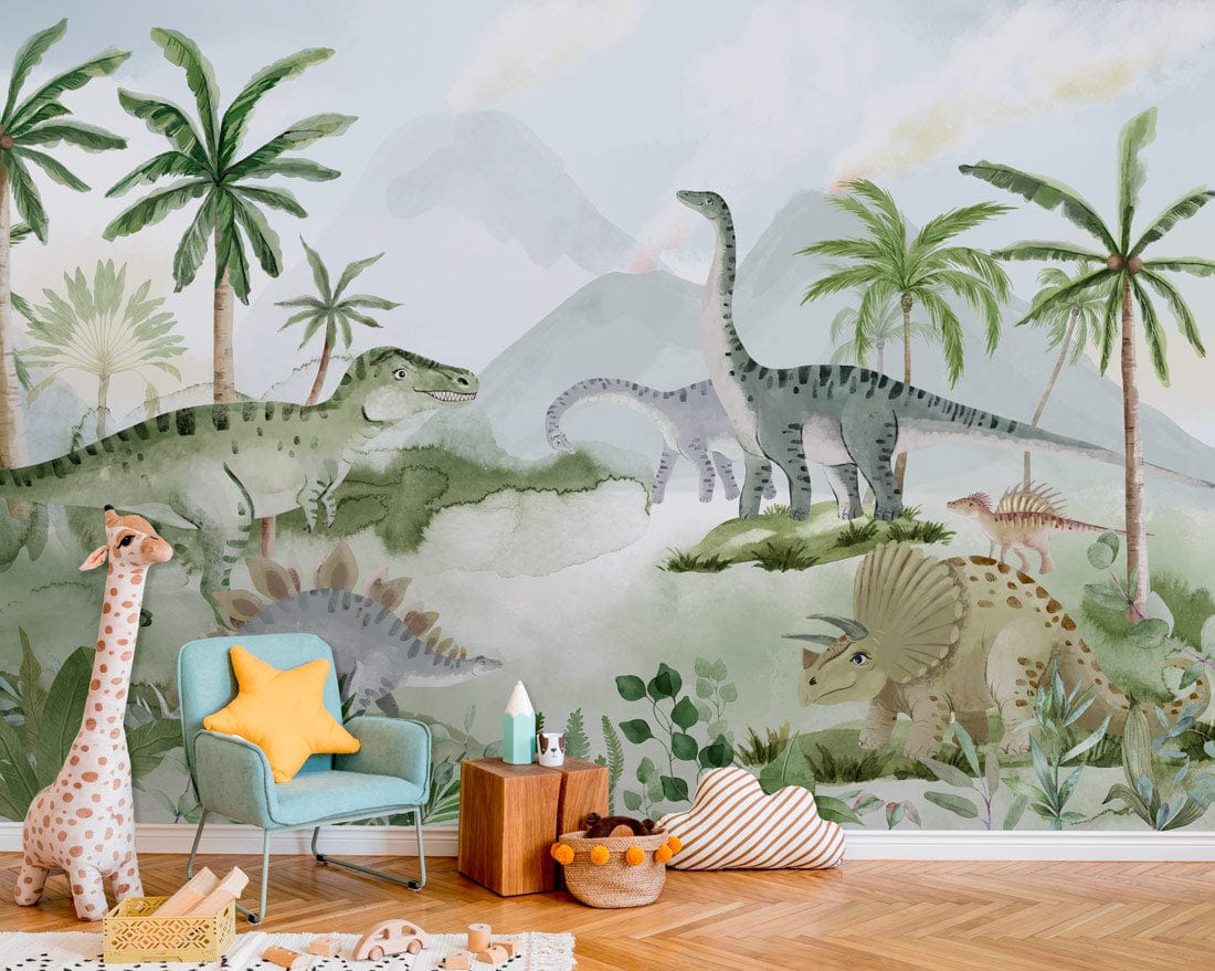 Green jungle dinosaur adventure mural wallpaper in kids' room with turquoise chair, wooden flooring, and toys.