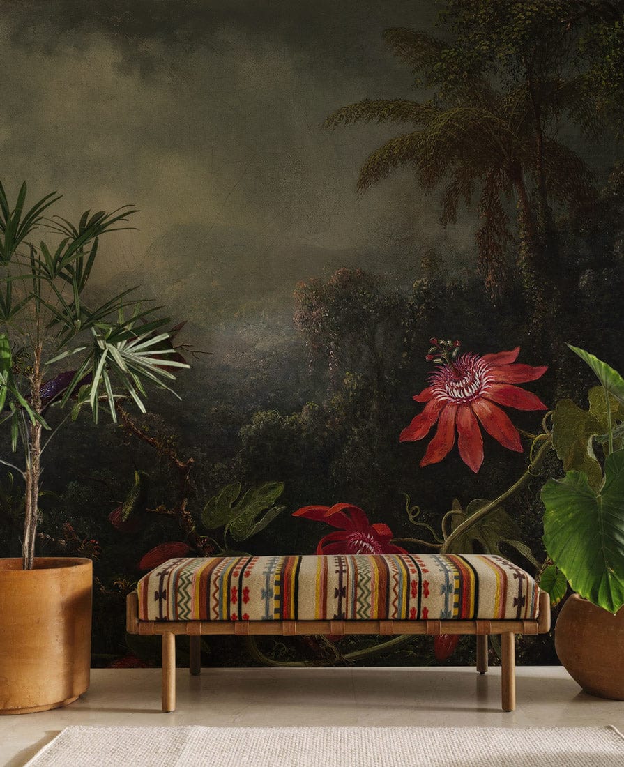 Vintage Tropical Mural Wallpaper with Exotic Flowers, Eclectic Bench, Lush Greenery, Neutral Flooring, Living Room.