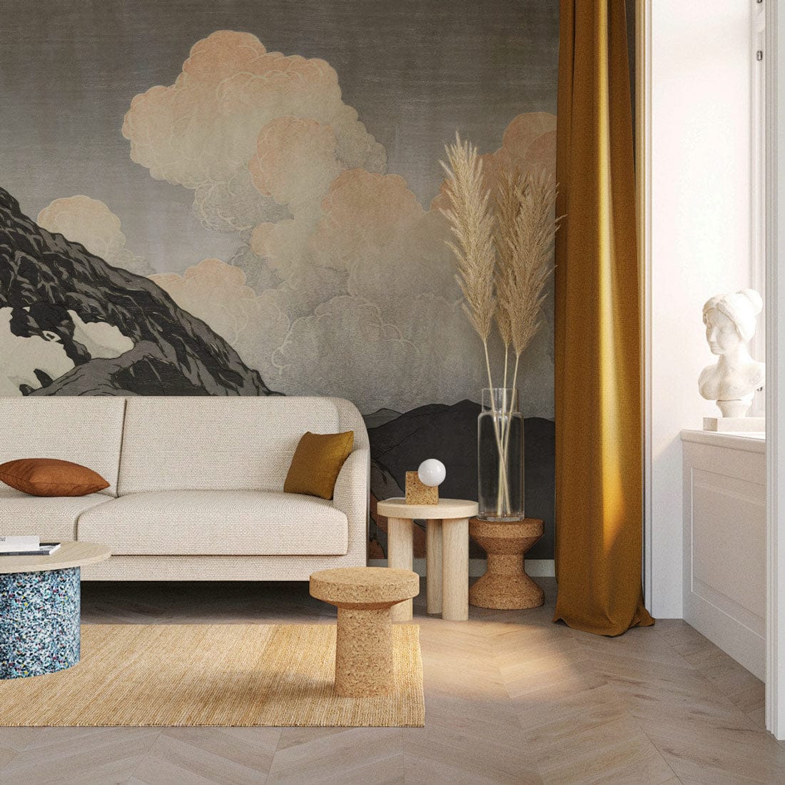 Vintage Mountain Landscape Mural in grey and orange, beige sofa, wooden floor, living room setting.