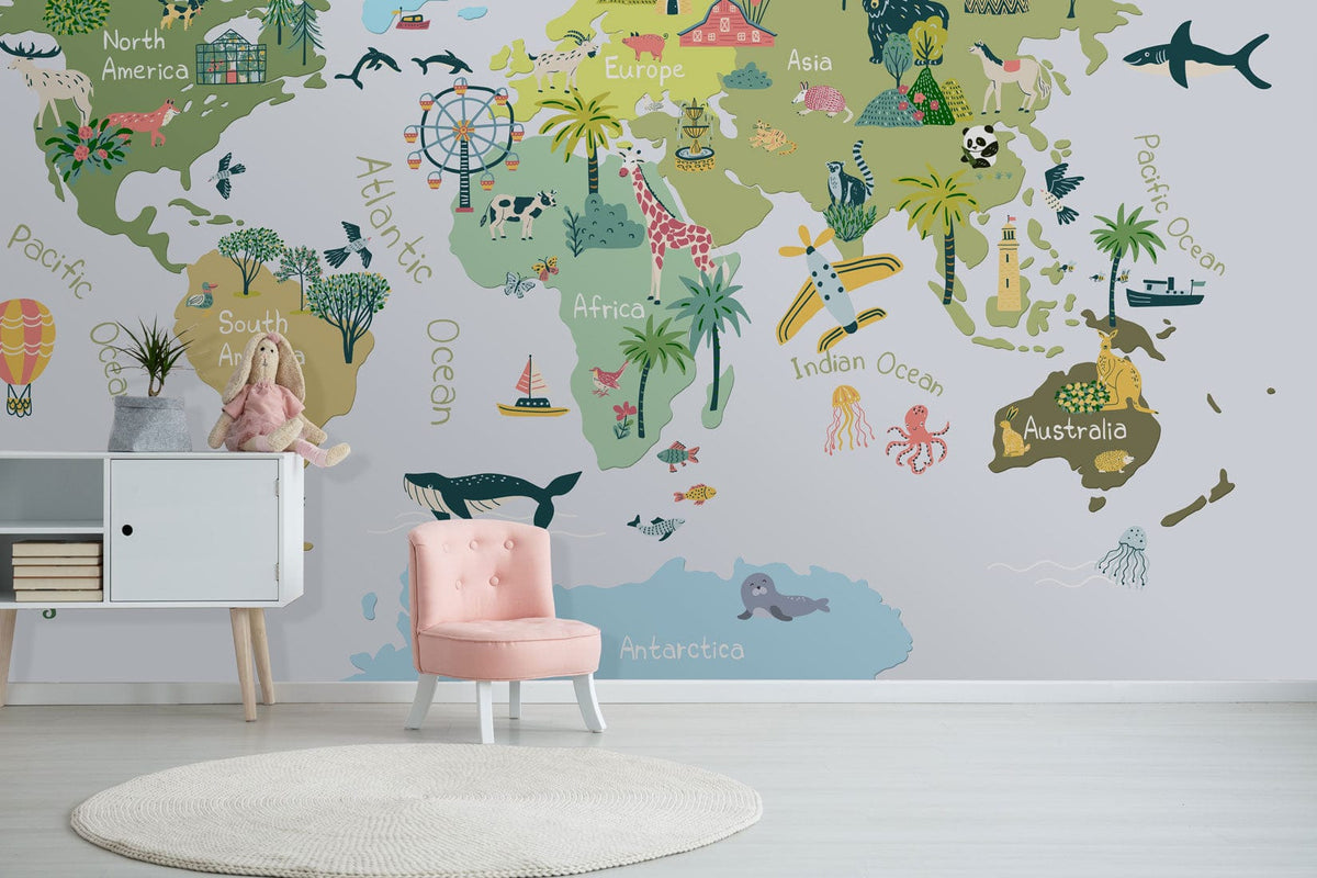Colourful illustrated world map kids wallpaper in a child's room with pink chair and light wood flooring.