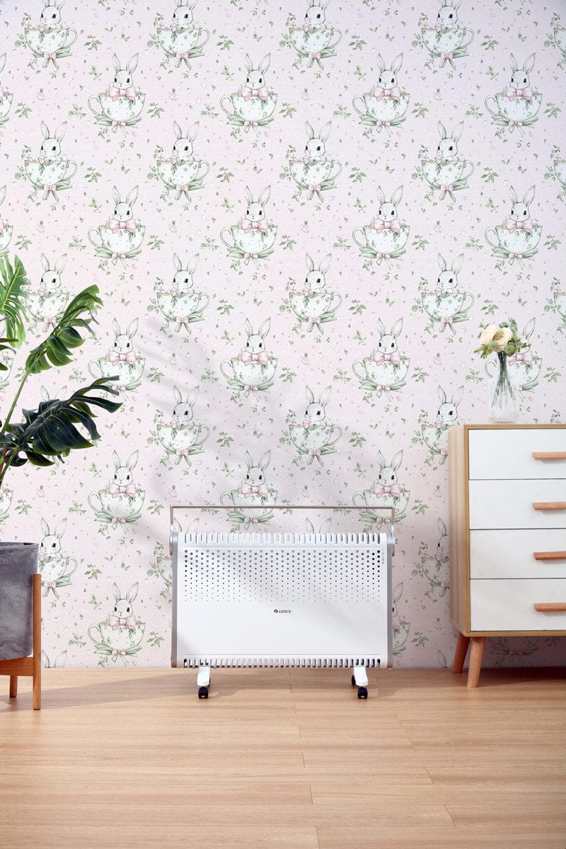 Elegant Vintage Floral Cream Wallpaper in room with wooden flooring, chest of drawers, and heater.