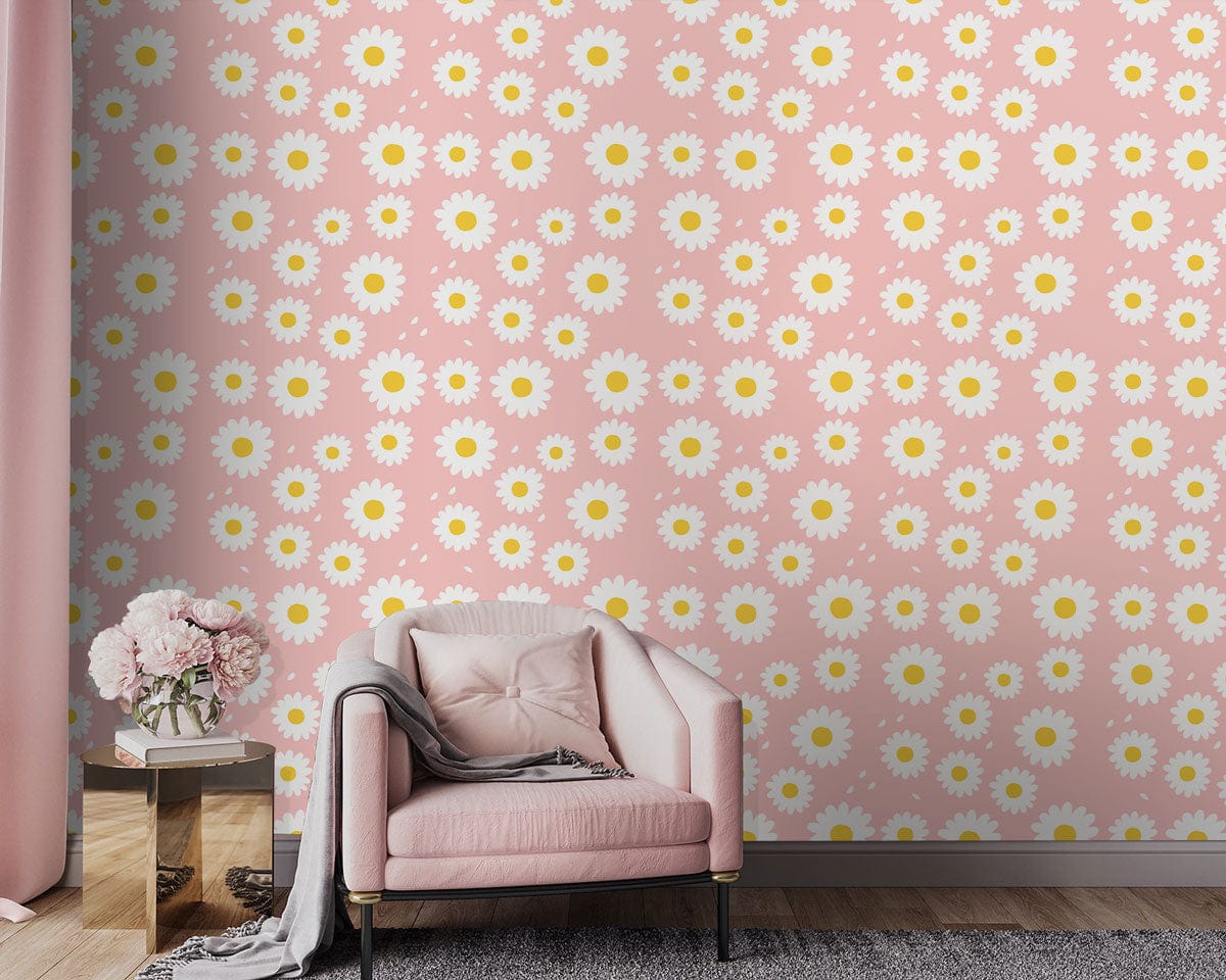 Charming pink daisy wallpaper with blush armchair, grey rug, wood flooring in cosy living room.