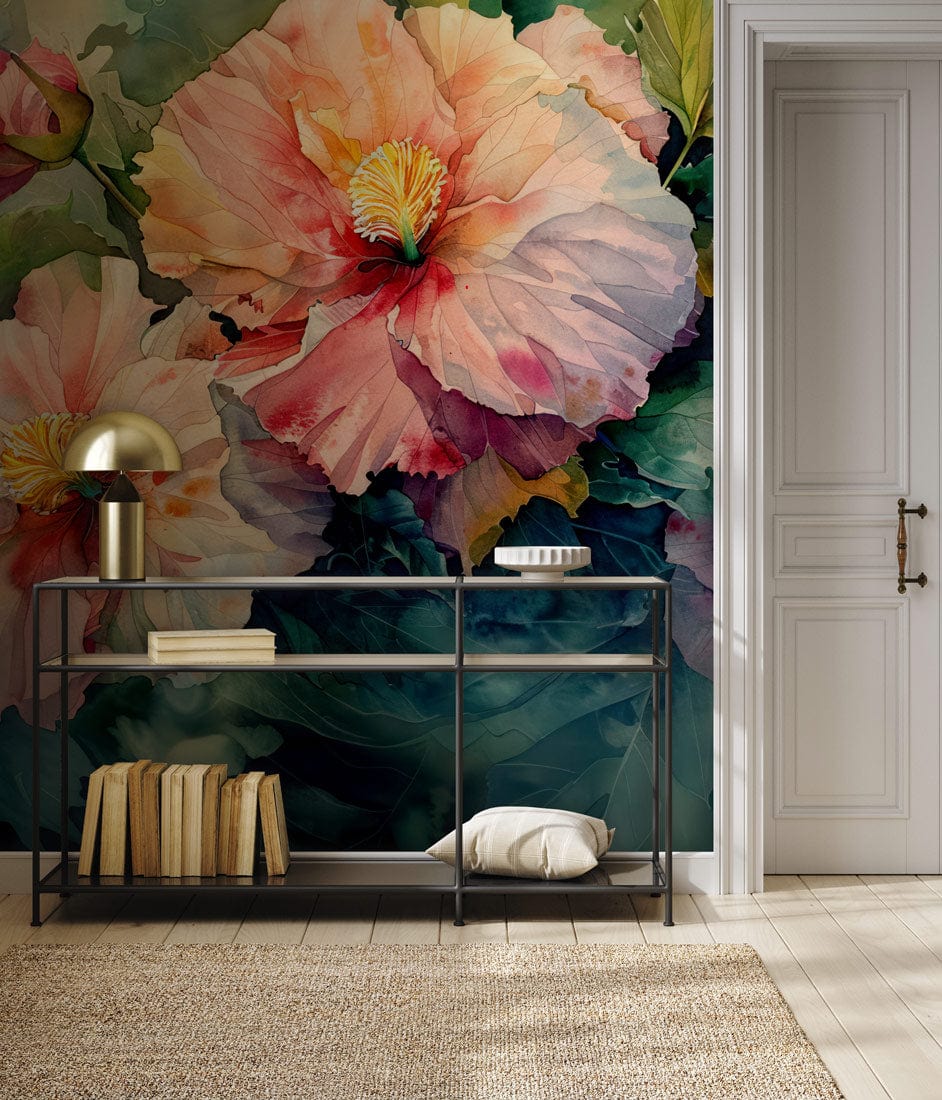 Floral mural wallpaper with pastel green leaves, modern console table, neutral rug, classic white door.