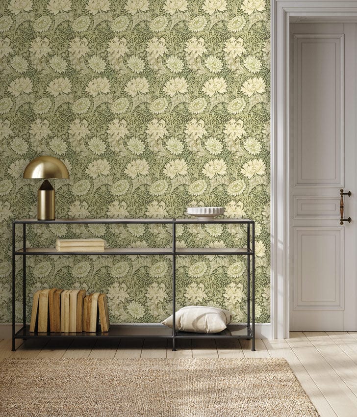 Elegant Sage Green Floral Wallpaper with vintage decor, wooden flooring, metal console, and door details.