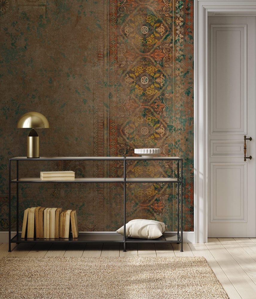 Vintage Earth Toned Distressed Ornamental Wallpaper in living room with metal console and light parquet flooring.