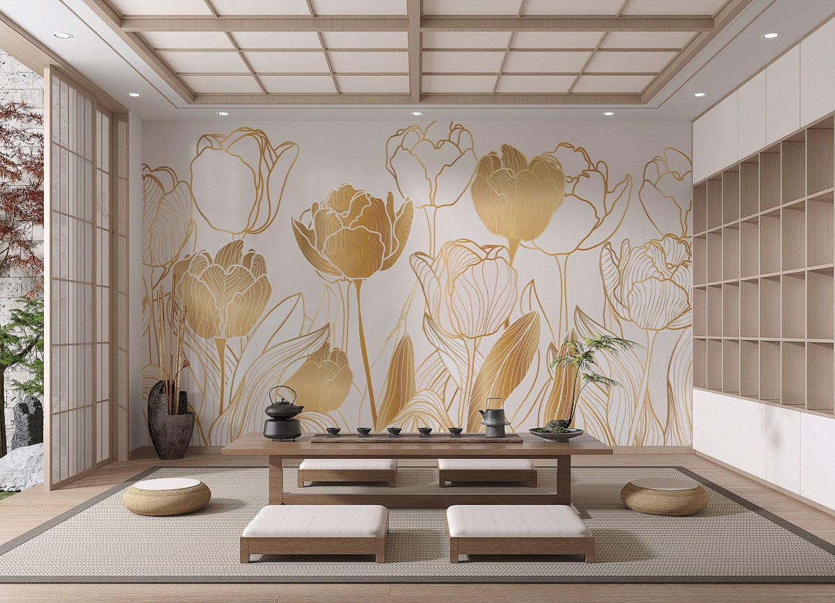 Elegant Gold Tulip Floral Mural Wallpaper in minimalist Japanese-style room; tatami flooring, wooden furniture.