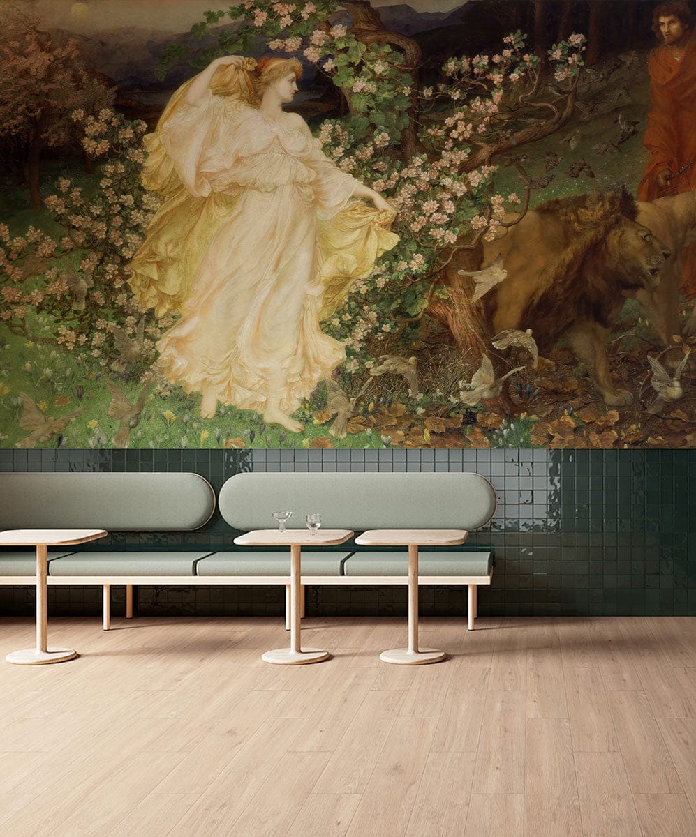 Vintage pastoral scene mural wallpaper featuring elegant figures; green tiled wall; modern grey bench; wooden flooring.
