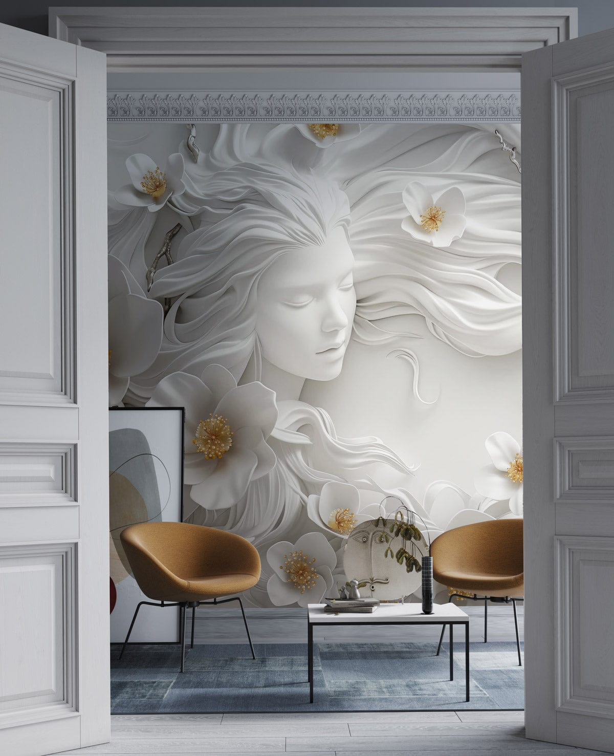 Elegant white floral mural wallpaper with sculpted petals, flowing hair, yellow chairs, grey rug, modern lounge.