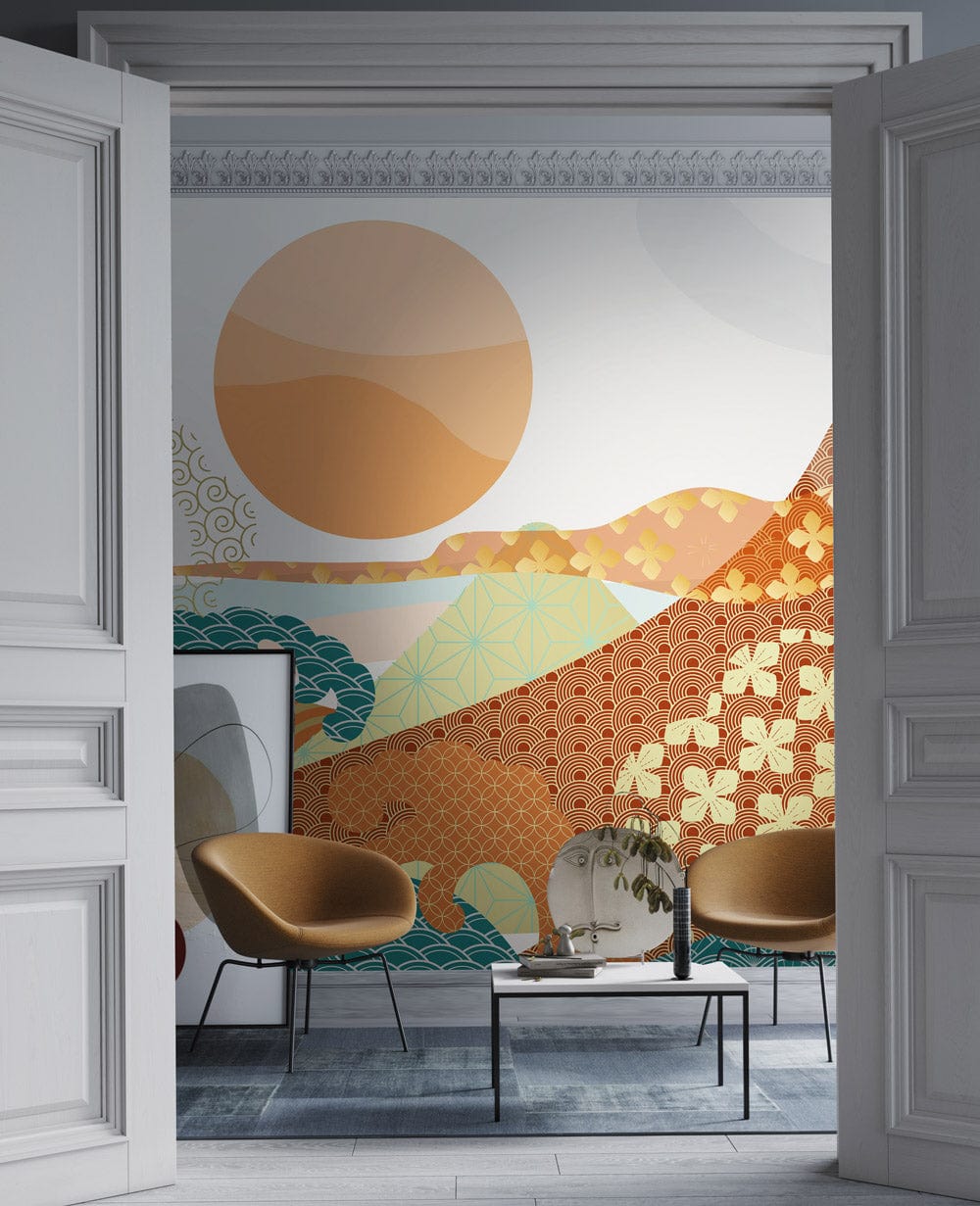 Modern lounge with Vintage Japanese Style wallpaper, earthy tones, geometric patterns, chairs, grey flooring.