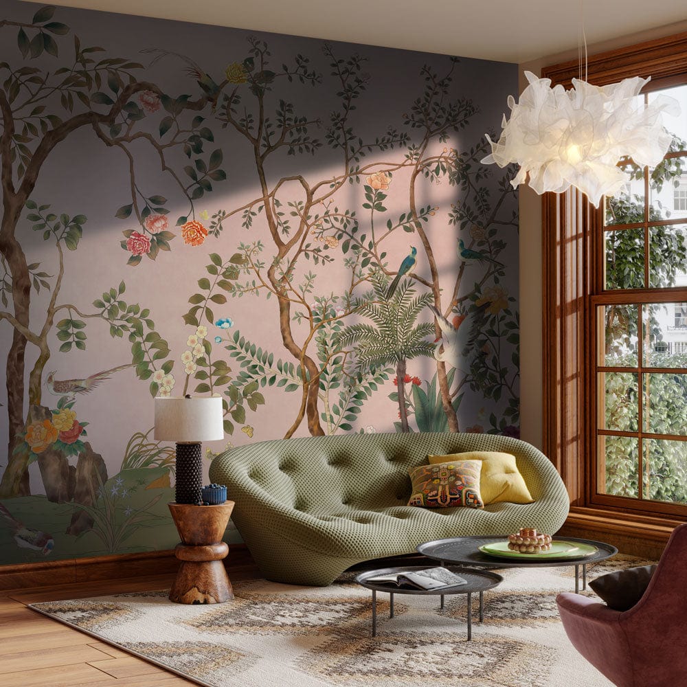 Elegant mural wallpaper in lounge with green sofa, wooden flooring, modern light, and natural accents.