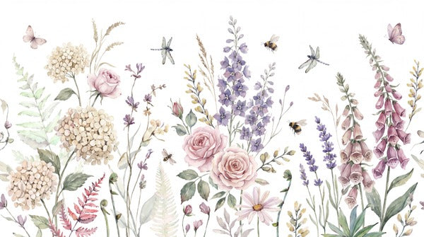 Pink Cottage Flowers and Butterflies Wallpaper Mural