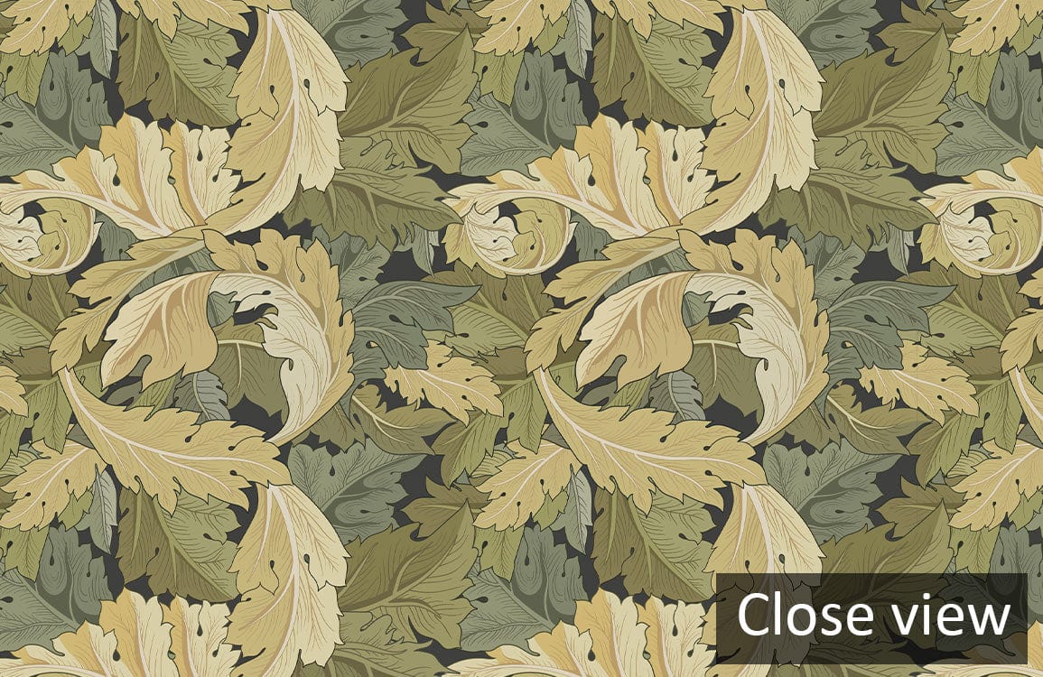 Close view of olive green and beige vintage botanical leaf pattern wallpaper, perfect for living spaces.