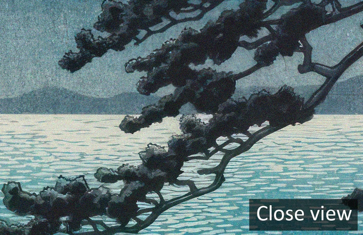 Midnight Blue Coastal Serenity mural with moonlit ocean scene and silhouetted tree branches in close view.