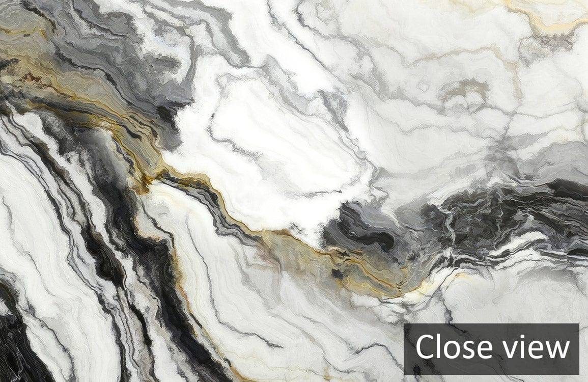Modern Monochrome Marbled Elegance Wallpaper close-up view with grey and white swirling patterns.