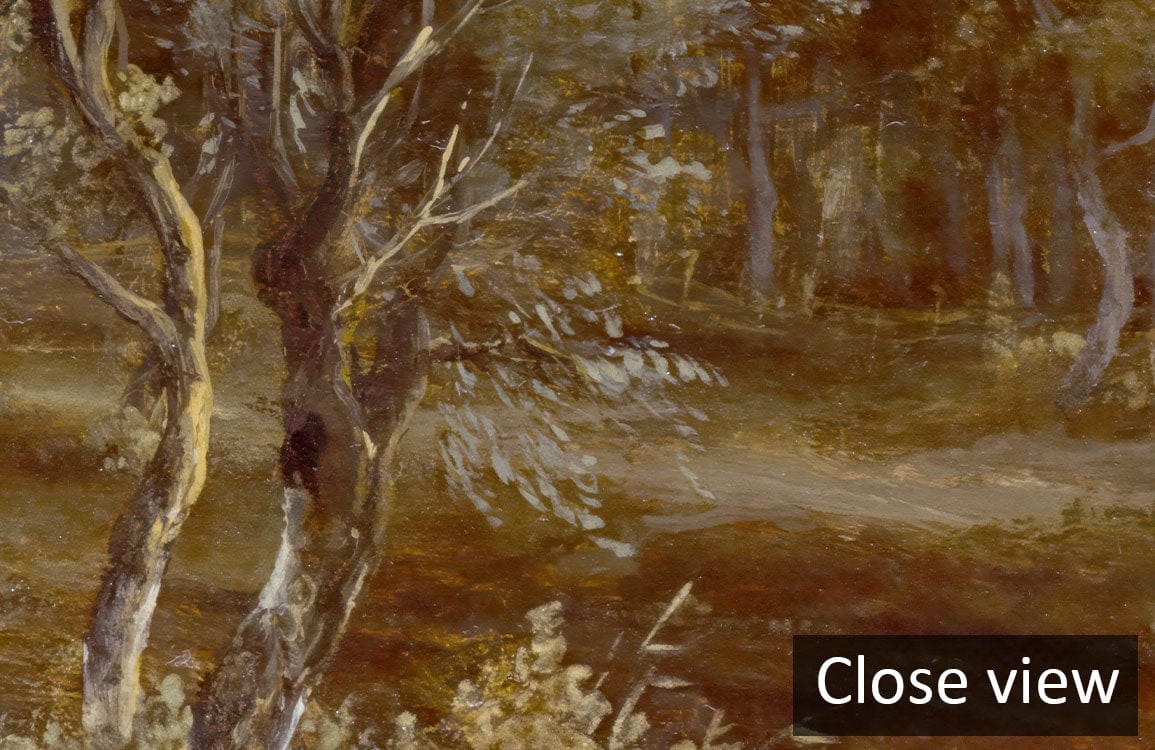 Elegant Pastoral Landscape Mural Wallpaper depicting vintage woodland scene; close-up detail of autumn trees.