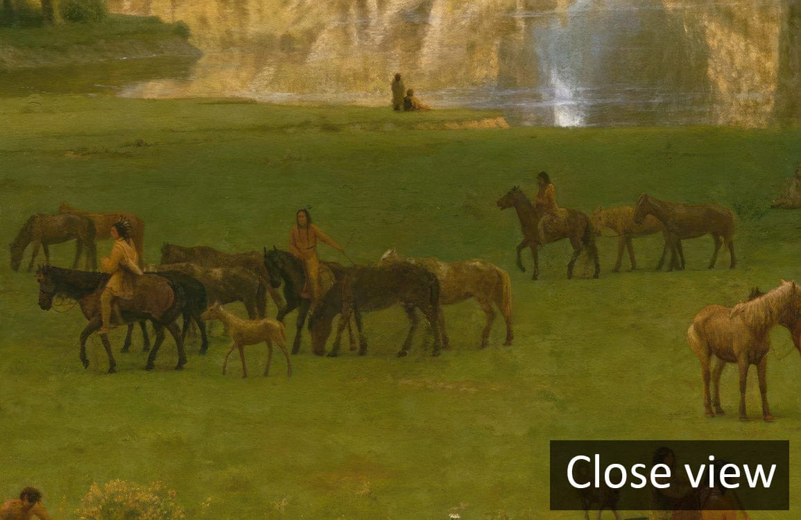 Close-up of serene nature mural with horses; Majestic Mountain Vista Landscape Wallpaper - tranquil scene.