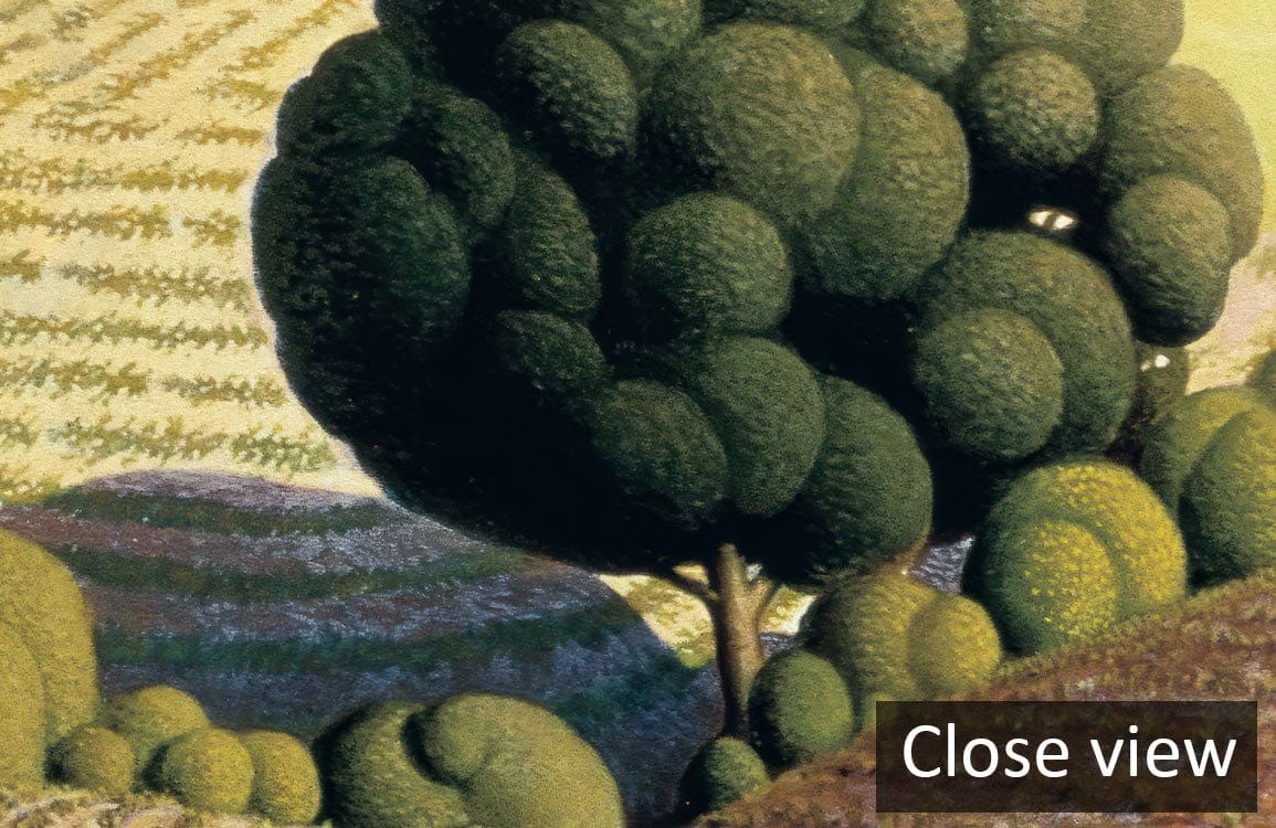 Countryside Charm: Vintage Pastoral Landscape Mural Wallpaper, green tones; close view, textured tree detailing.