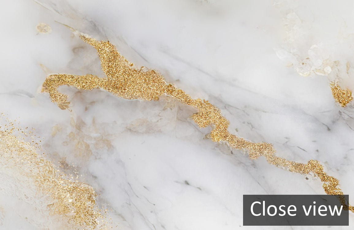 Close view of luxurious white and gold marble effect mural wallpaper detailing elegant veining pattern.