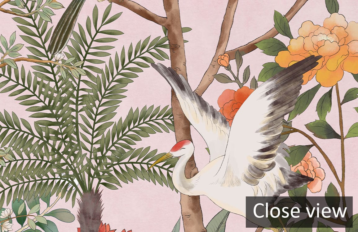 Elegant pastel botanical mural wallpaper featuring vintage garden nature design, crane, lush foliage, peach background.