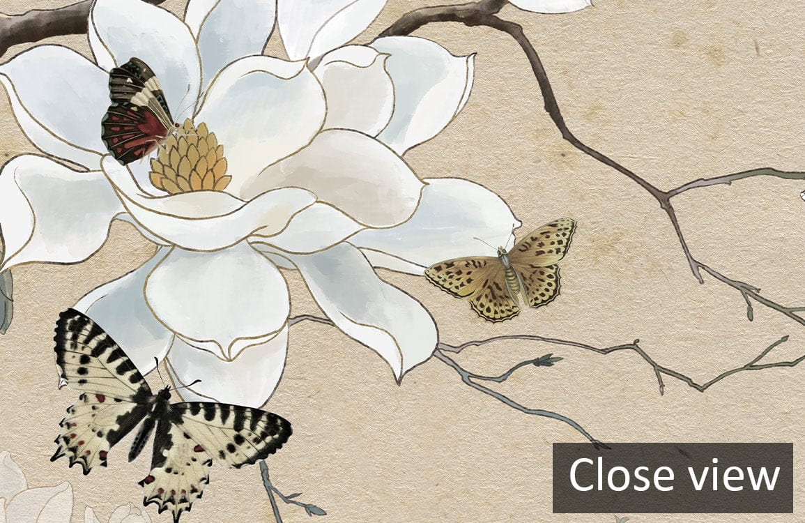 Close-up of beige magnolia and butterfly floral mural wallpaper, showing intricate design details.
